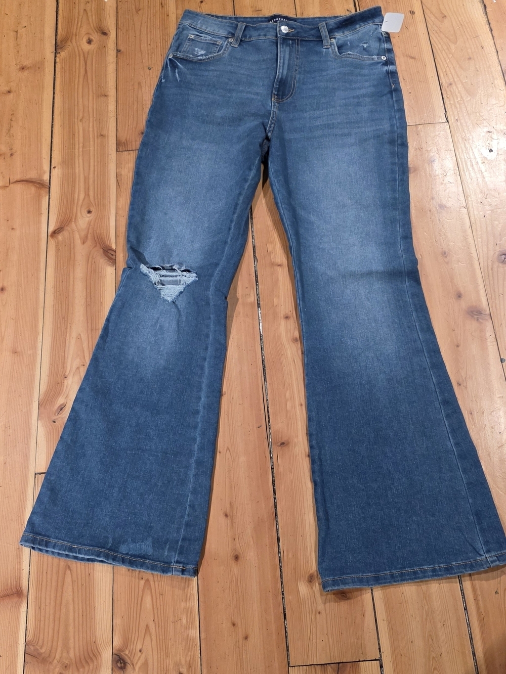Aeropostale Women's Blue Flare Jeans with Knee Distress